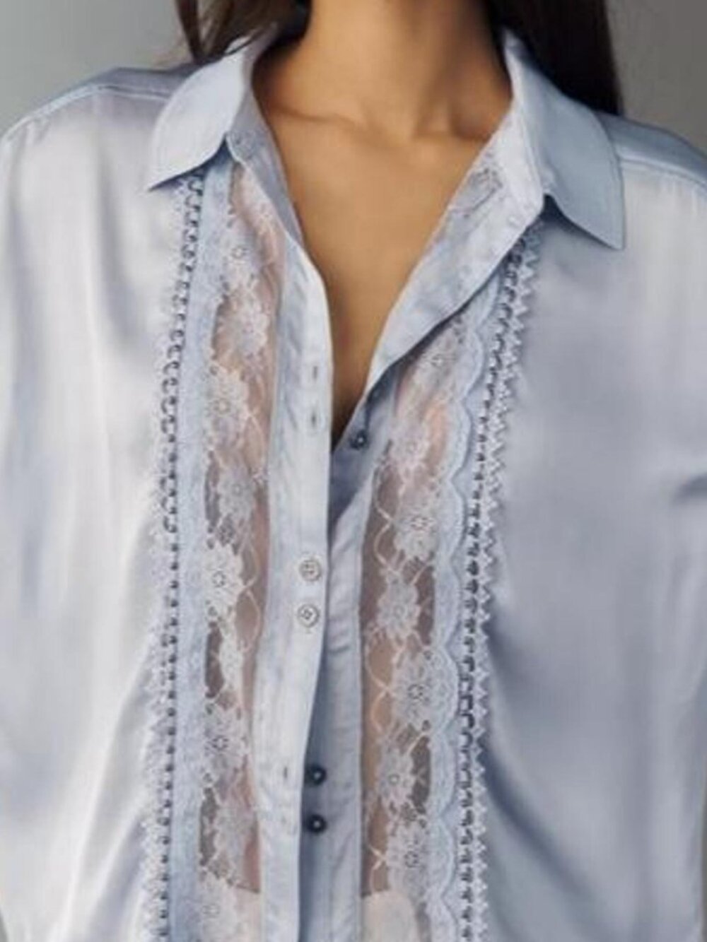 PILCRO / ANTHROPOLOGIE Blue Silky Lace Button Front Blouse – Small